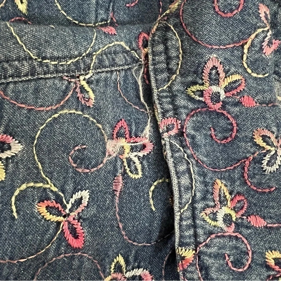 Leslie Fay Denim Shacket Floral Button Up Colorful Embroidery 100% Cotton Collar - Picture 12 of 13
